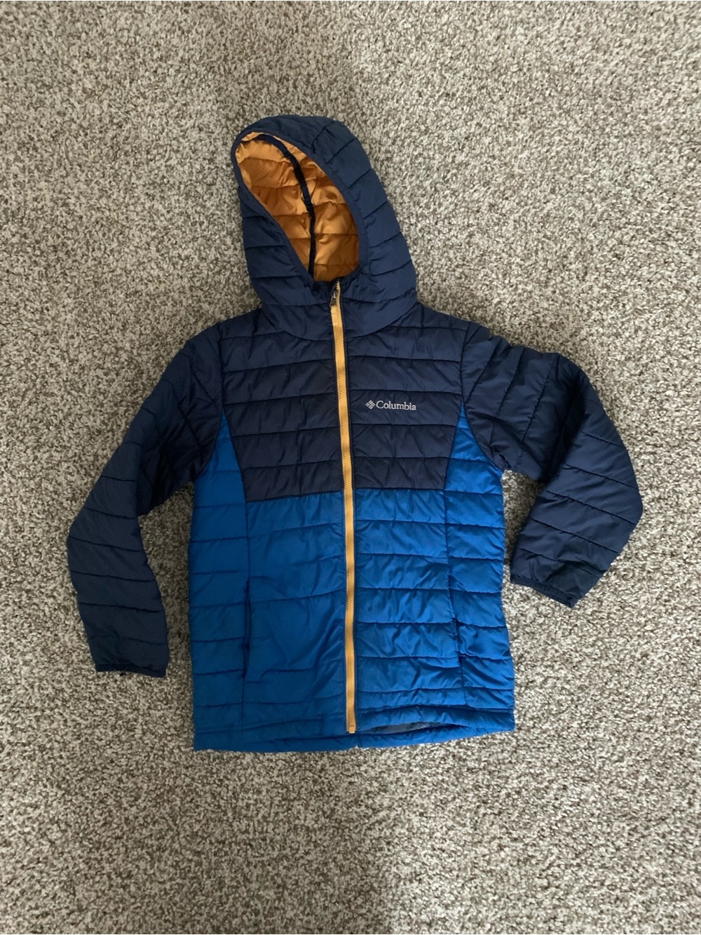 Columbia S Kids Navy and Bright Blue Hooded Puffer with Gold Trim snow jacket